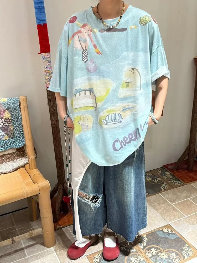 

Summer Blue Ripped Frayed Hem Jeans Loose Waist Eighteen Pants plus Size Women's Clothing Japanese Sle plus Size Jeans