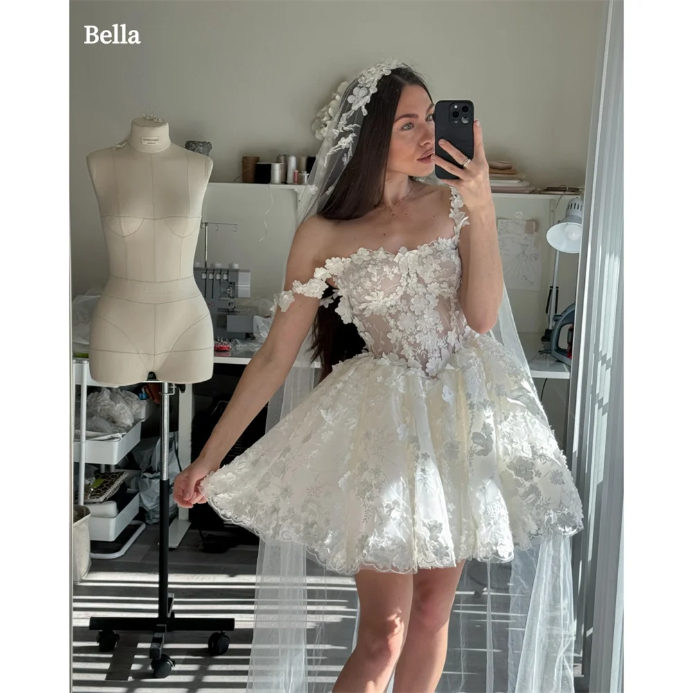 Bella White Flowers Mini robes de soirée Off the Shoulder Elegant Sleeveless Evening Dresses Lace-up Back Short Wedding Dress