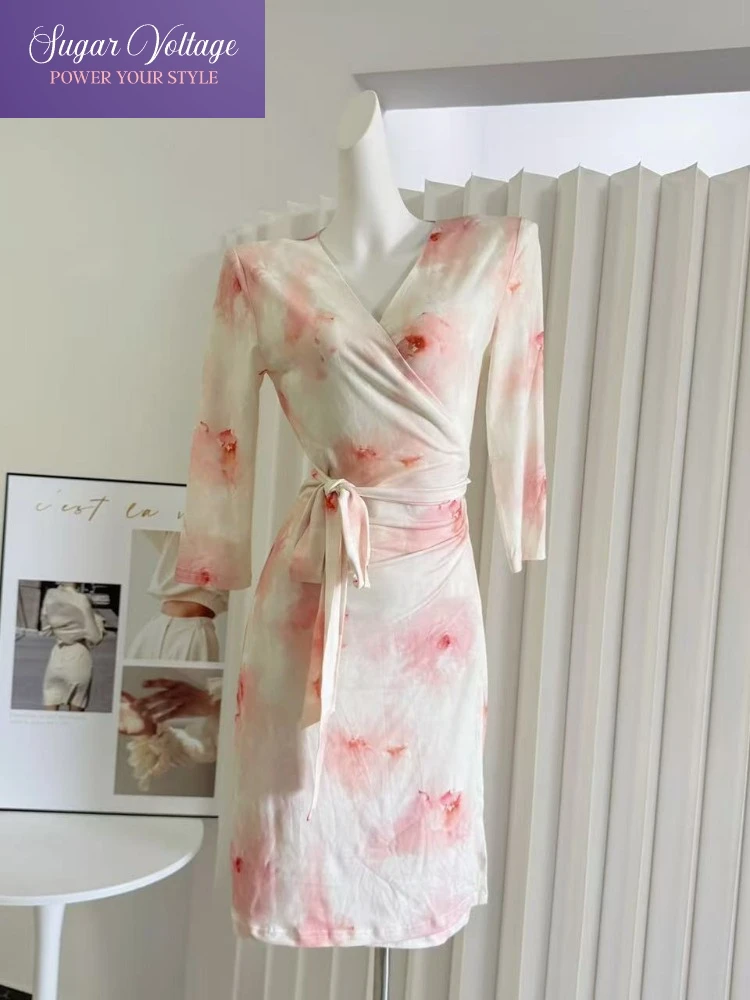 Lente Herfst Nieuwe Vintage Mode Elegante Jurk Vrouwen Bloemenprint V-hals Lange Mouw Kant-up Gebreide Jurk Slim Fit Feestjurk