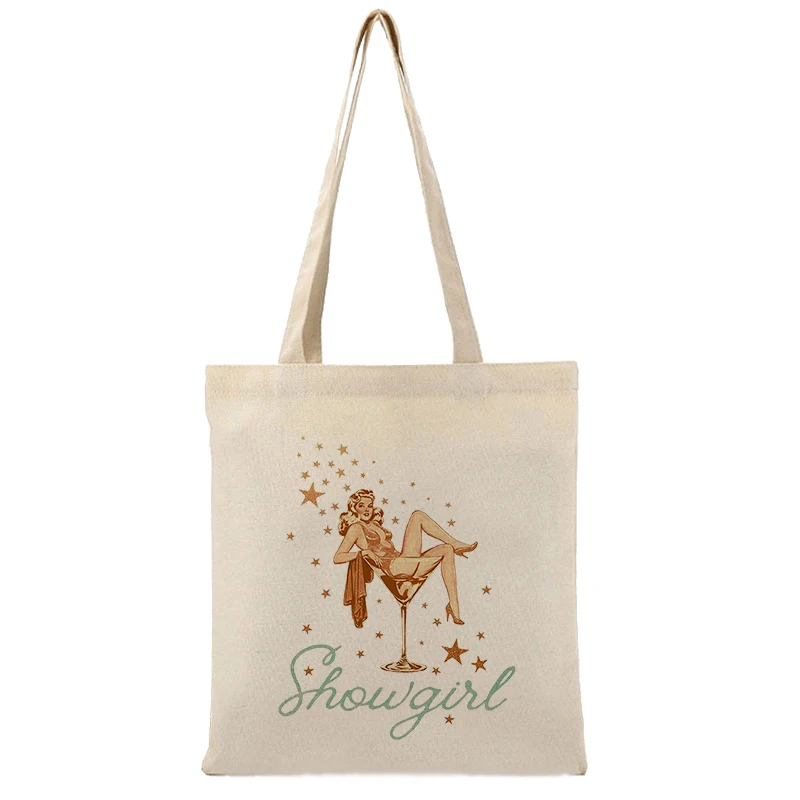 Vintage Showgirl Canvas Tote Bag, Retro Pin-Up Martini Print, 1950s Style Reusable Shoulder Bag