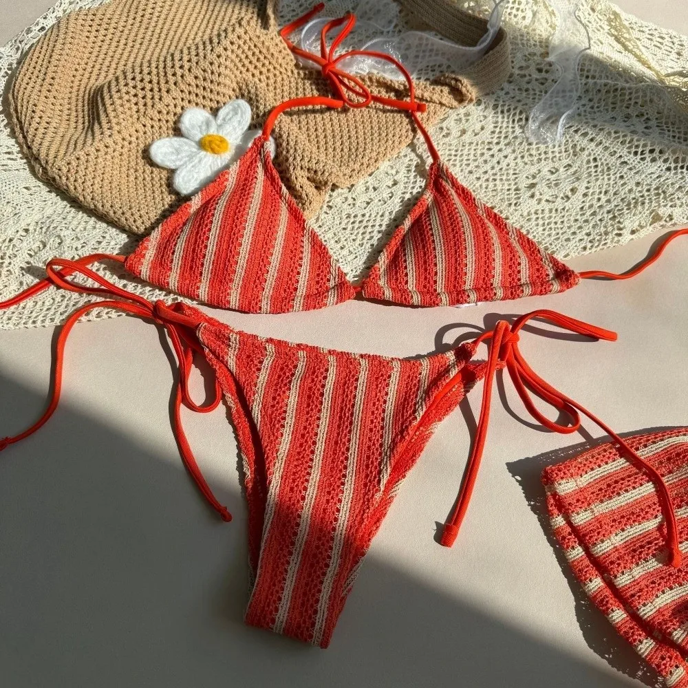 

Stripes 3 in 1 Swimwear Set Lace Up Slim Fit Bikini Bathing Suit Deep-V Beachwear Clothing Knitting Swimsuit Swimming Pool