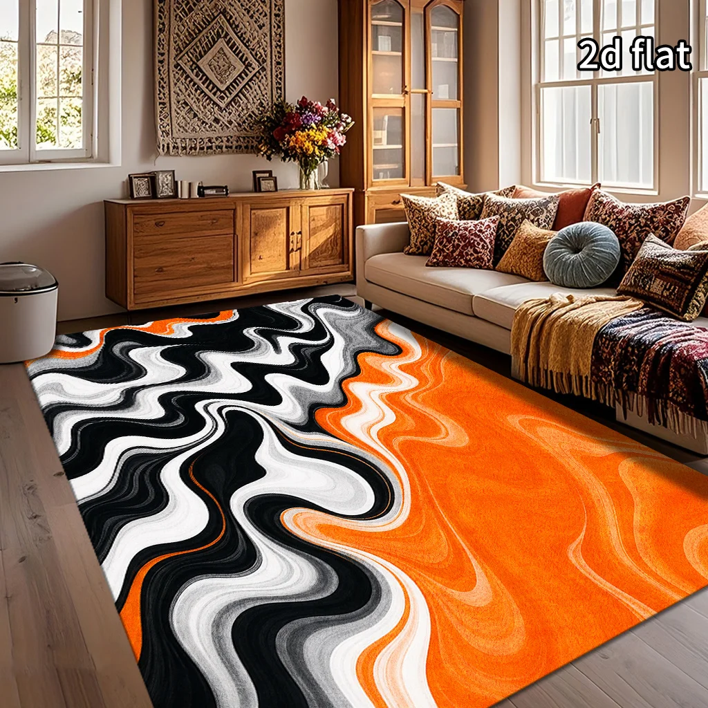 2D Flat Modern Abstract Orange‑Black‑Grey Fluid Texture Rug, Non‑Slip Washable Mat for Living Room Bedroom Entryway Indoor Decor
