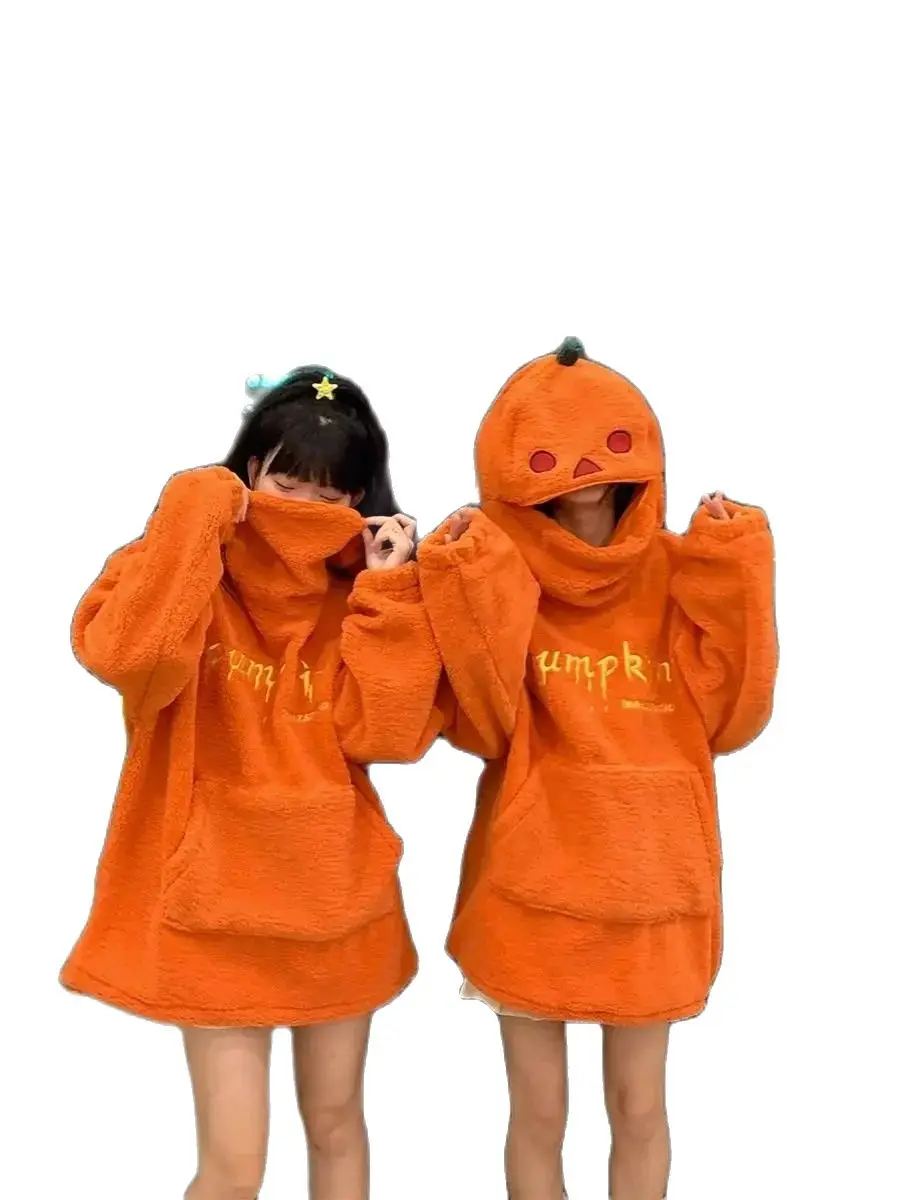 Halloween Pumpkin Head 2024 Winter American Lamb Plush Sweatshirt Loose Thickened And Loose And Couple With The Same Top Cute