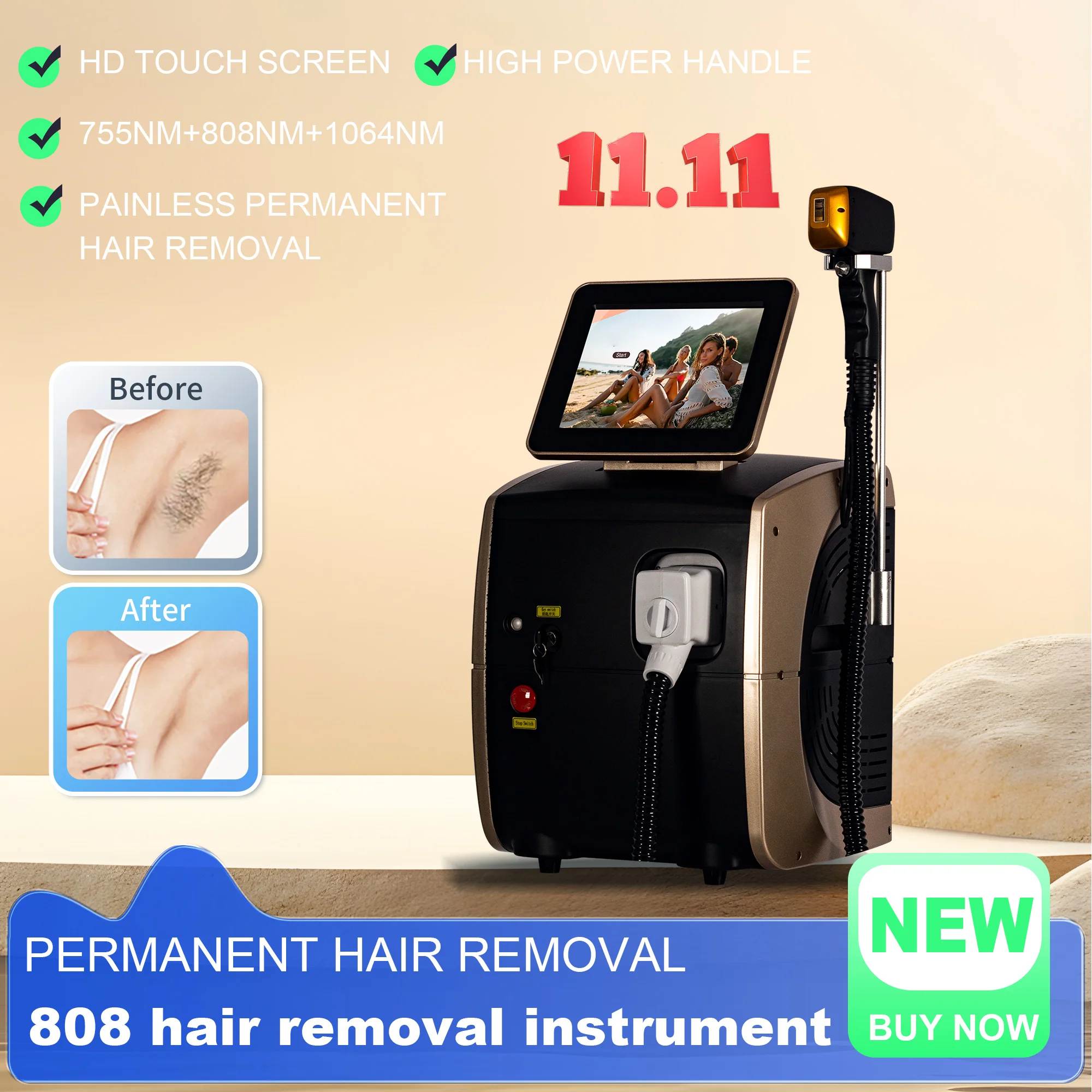 ديود Laser755 808 1064nm متعدد الأطوال الموجية آلة إزالة الشعر تبريد الرأس آلة لنزع الشعر بالليزر غير مؤلم إزالة شعر الوجه والجسم