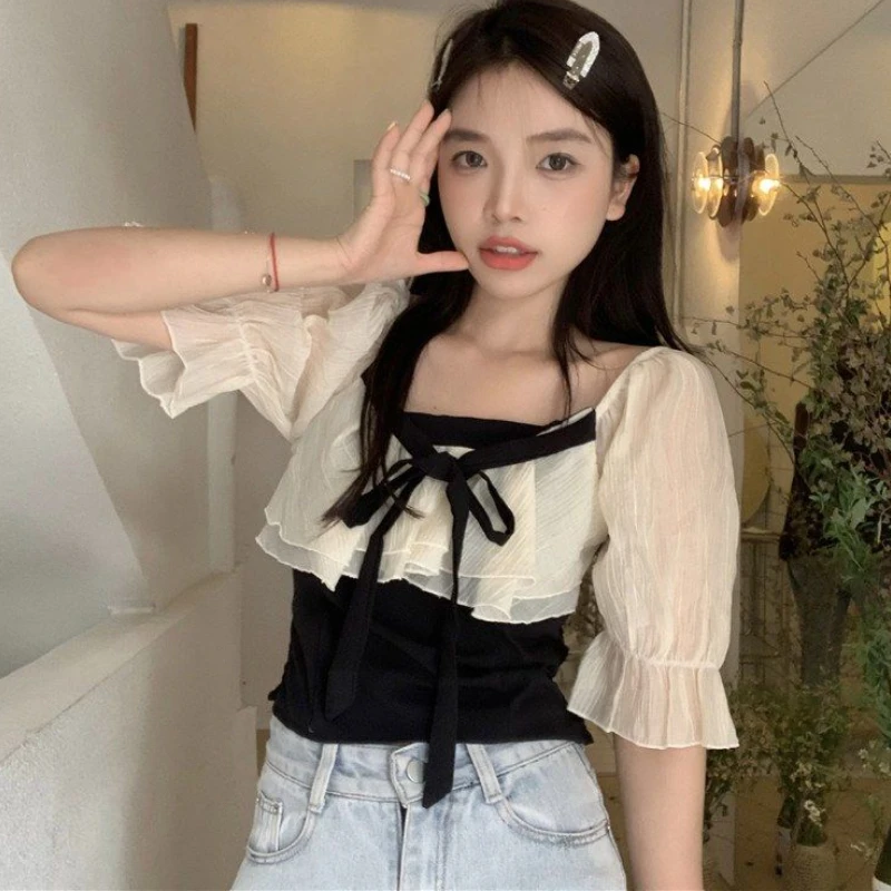 Sweet Blouses Women Patchwork Stylish Design Fake Two Pieces All-match Summer Cozy Ulzzang Cropped Puff Sleeve Colleges Leisure