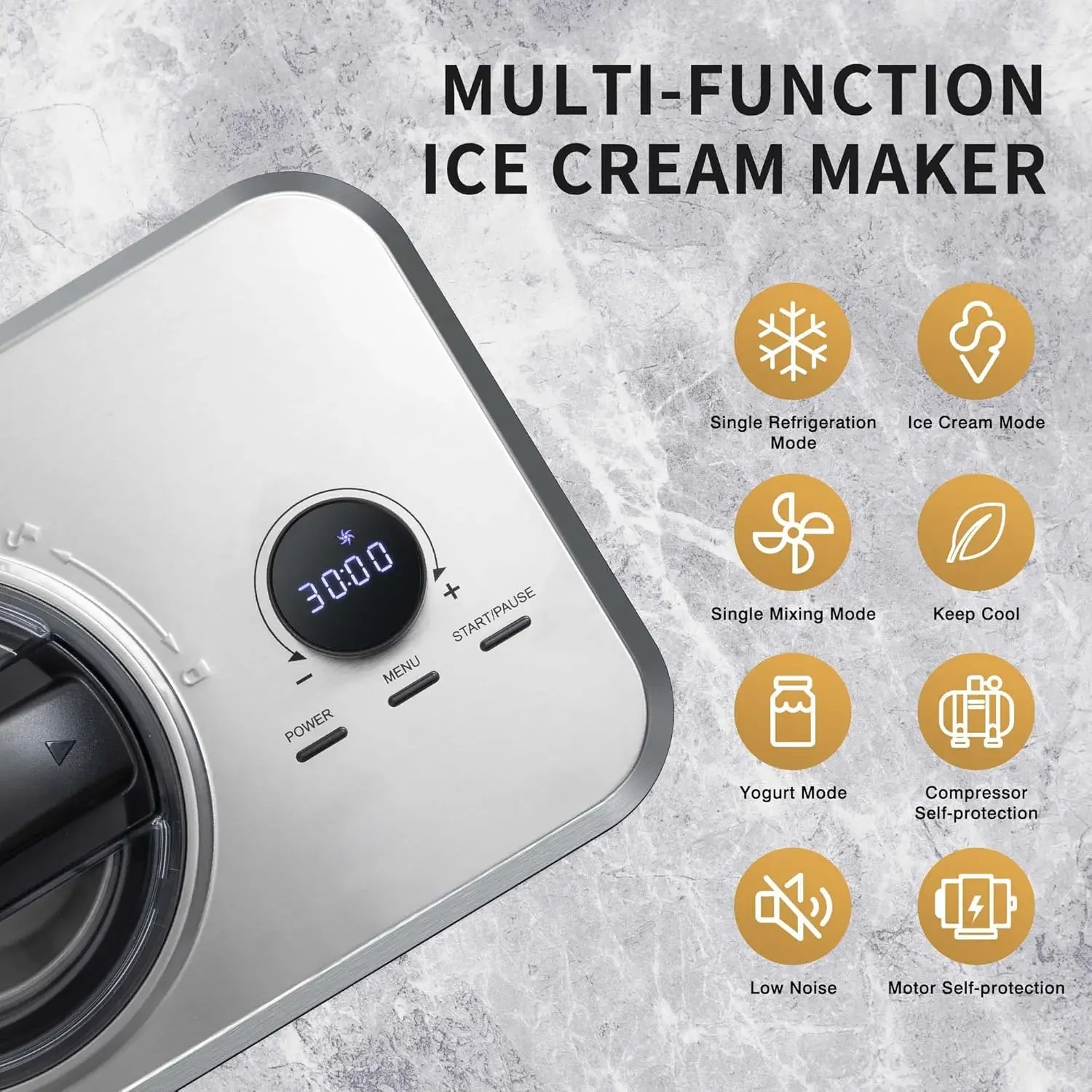 Ice Cream Maker  with Compressor,Stainless Steel No Pre-freezing Electric Automatic Ice Cream Machine Keep Cool