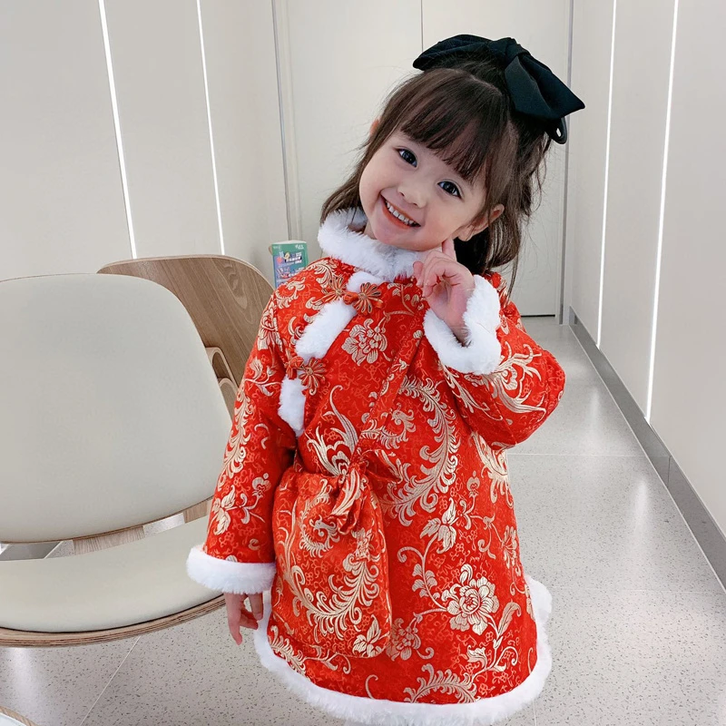 

2022 New Girl A-Line Skirt 3-8 Years Old Chinese Style Cheongsam Skirt Floral Skirt Cute Sweet Rabbit Fur Dress Quilted Thick