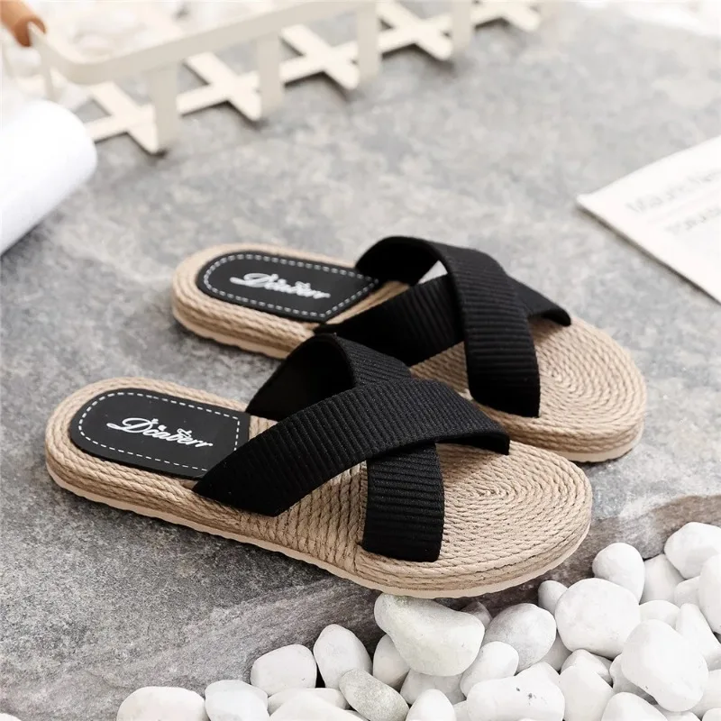 Ladies New Slippers Summer Cross Drag Fashion Hemp Rope Outer Wear Slippers Casual Sandals and Slippers Women Shoes