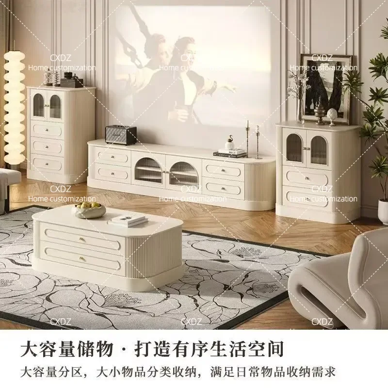 Solid Wood TV Cabinet and Coffee Table Set Ivory White Birch Paint Cream Style Light Luxury Rounded Corner Living Room