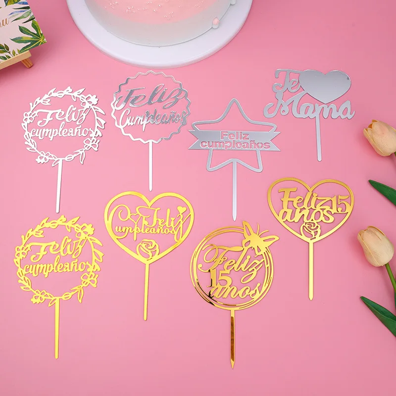 Acrílico Happy Birthday Cake Topper Simple Gold Birthday Party Cupcake Topper Decoration Baby Shower Cake Gifts Baking Supplies