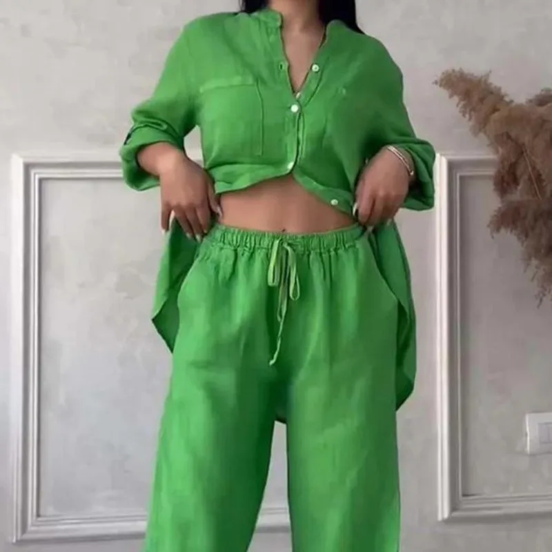 2024 Women's Two-piece Top Pants Casual Cotton and Linen Solid Color Shirt Drawstring Wide-leg Pants Comfortable Family Outfit