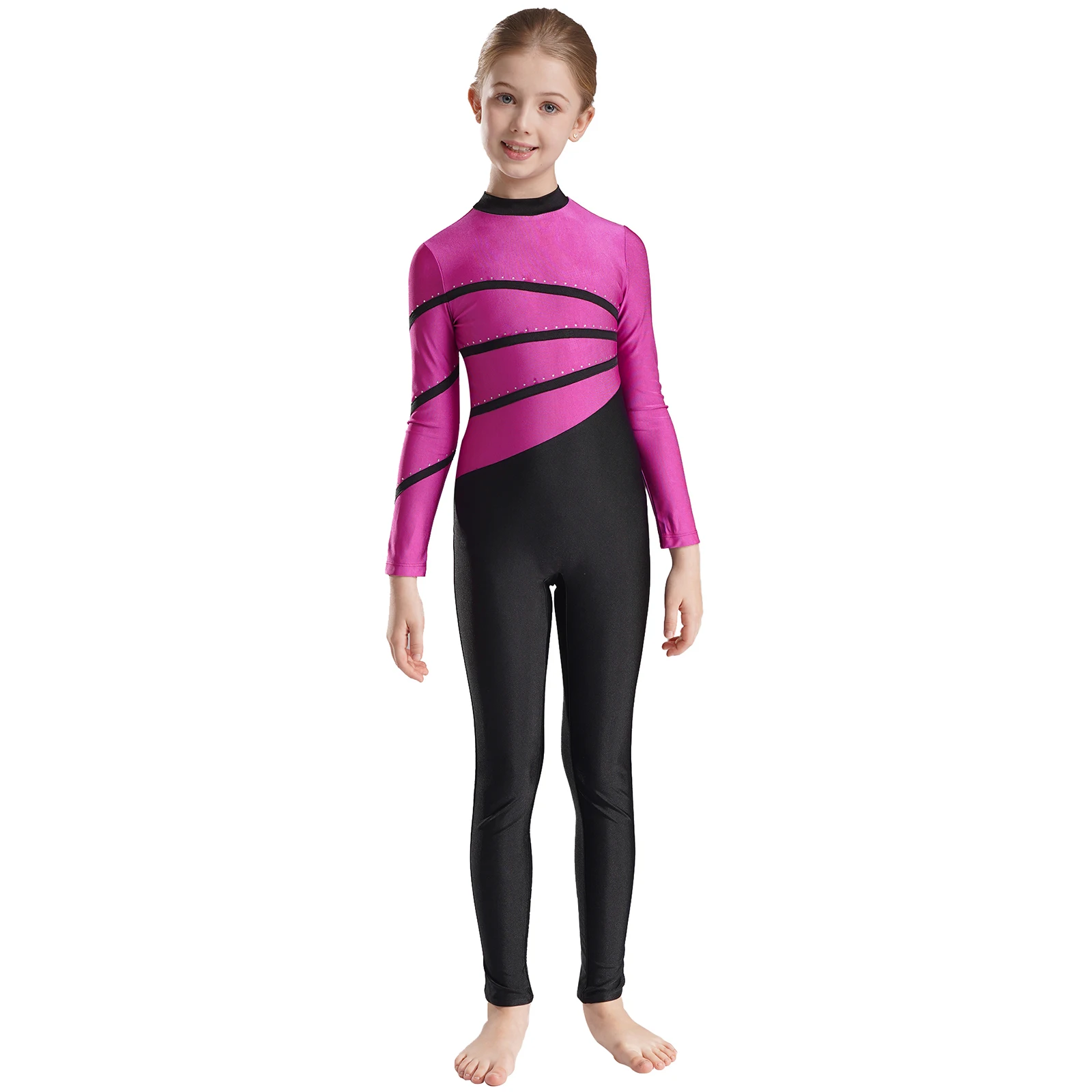 Children\'s Gymnastics Leotard Kids Girls Contrast Color Dance Jumpsuit Long Sleeve Figure Skating Bodysuit for Competition