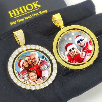 Rotate Medallions Locket Custom Picture Photo Necklace Personalized Memory Photo Charm Pendant Iced Out Jewelry Gift