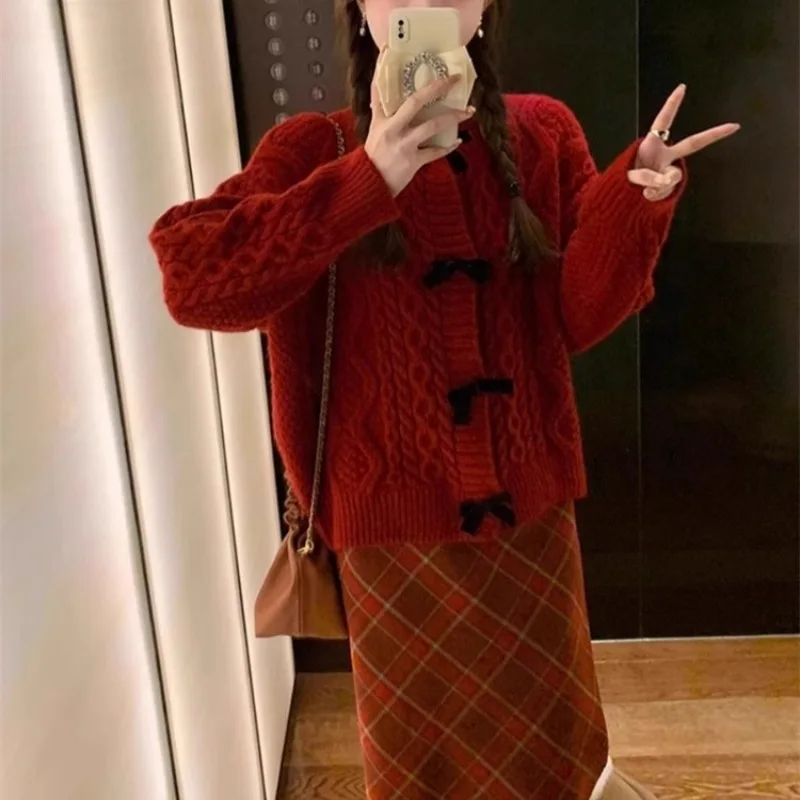 Sweet Twists Bow Sweater Women Autumn Winter O Neck Long Sleeve Top Loose Cardigans Korean Fashion Streetwear Y2K Girl Knitwear