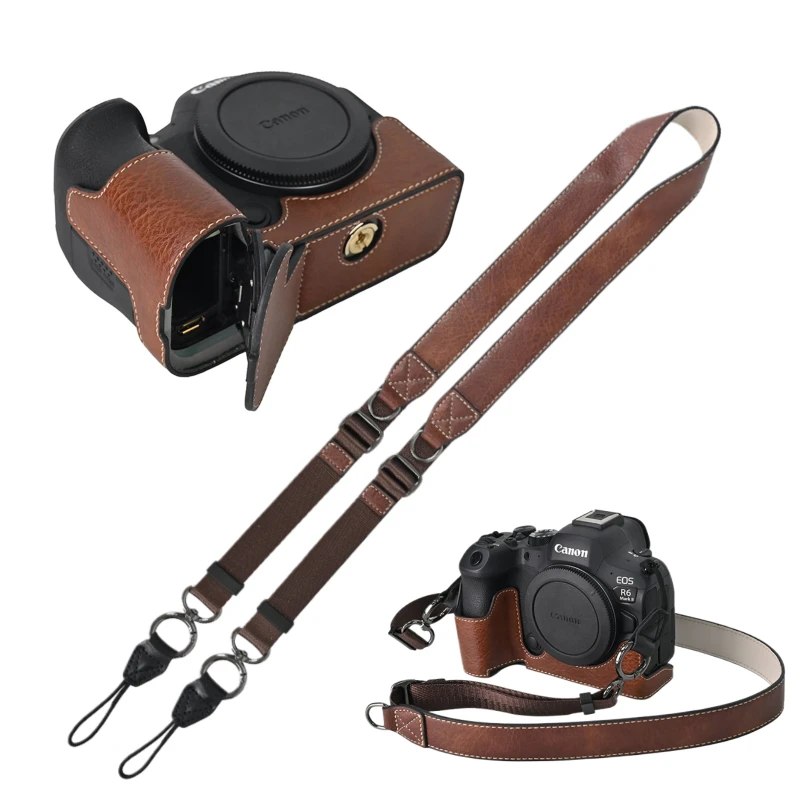 Litchi PU Leather Camera Half Body Case for Canon EOS R50V R50 R100 R8 RP R10 R5 R5II R6 R6II 200D 200DII 80D 90D Base Strap