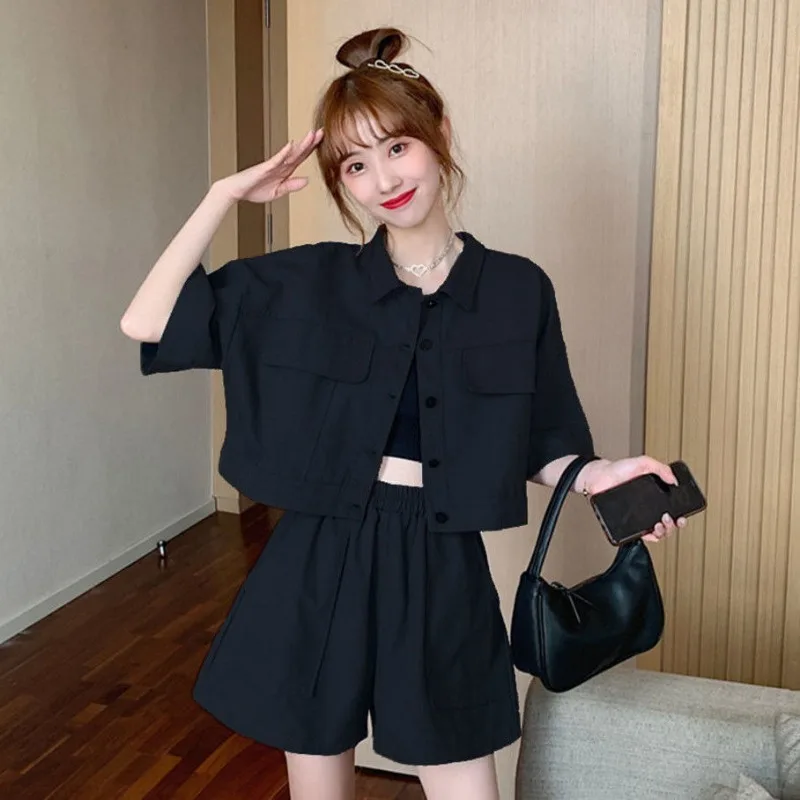 Fashion Women\'s Two-piece POLO Collar Cardigan Jacket+drawstring Elastic High Waisted Shorts for Commuting Sweet Korean Fashion