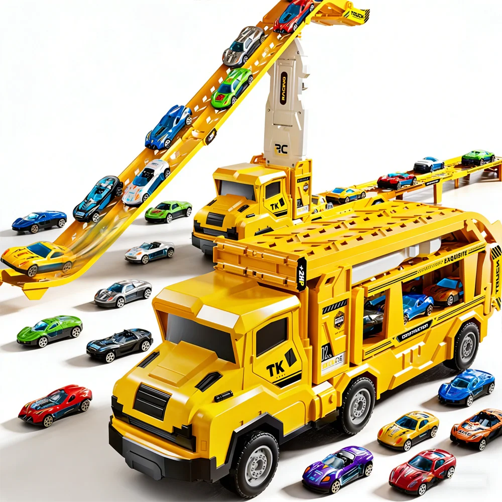 Large size foldable double track track track -6 metal cars+2 transmitters (color random), suitable for children aged 3-8 as gift