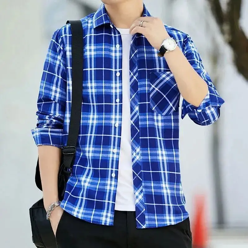 

New Korean Plaid Shirt Men's Long Sleeve Cotton Wool Coat Casual Everything Loose Large Size Pocket Top Fashion Squarecut Collar
