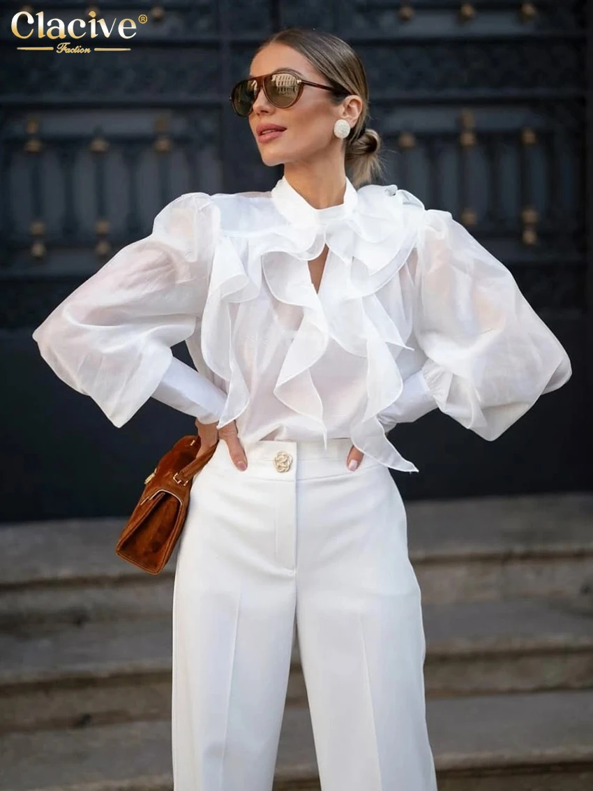 

Clacive Sexy Loose White Women's Shirt 2026 Fashion Stand Collar Long Sleeve Lady Shirts Elegant Classic Top Female Clothing