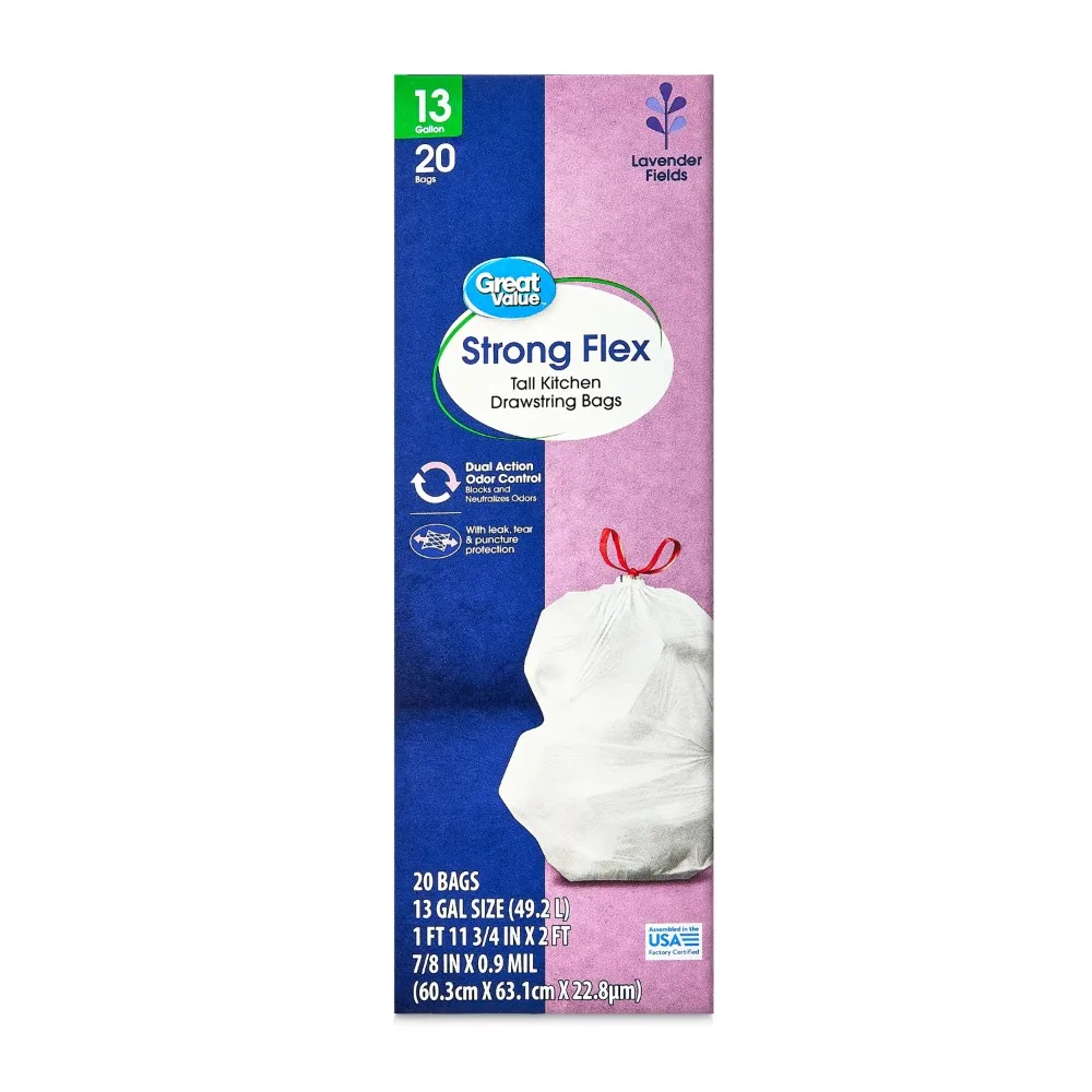 

13-Gallon Strong Flex Drawstring Tall Kitchen Trash Bags, Lavender Fields Scent, 20 Bags