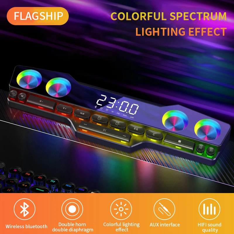 Imagem -03 - Portátil sem Fio Led Luz Despertador Gaming Teclado Mecânico Alto-falante Dual Horn Stereo para Computador Sistemas de Áudio Aux fm bt