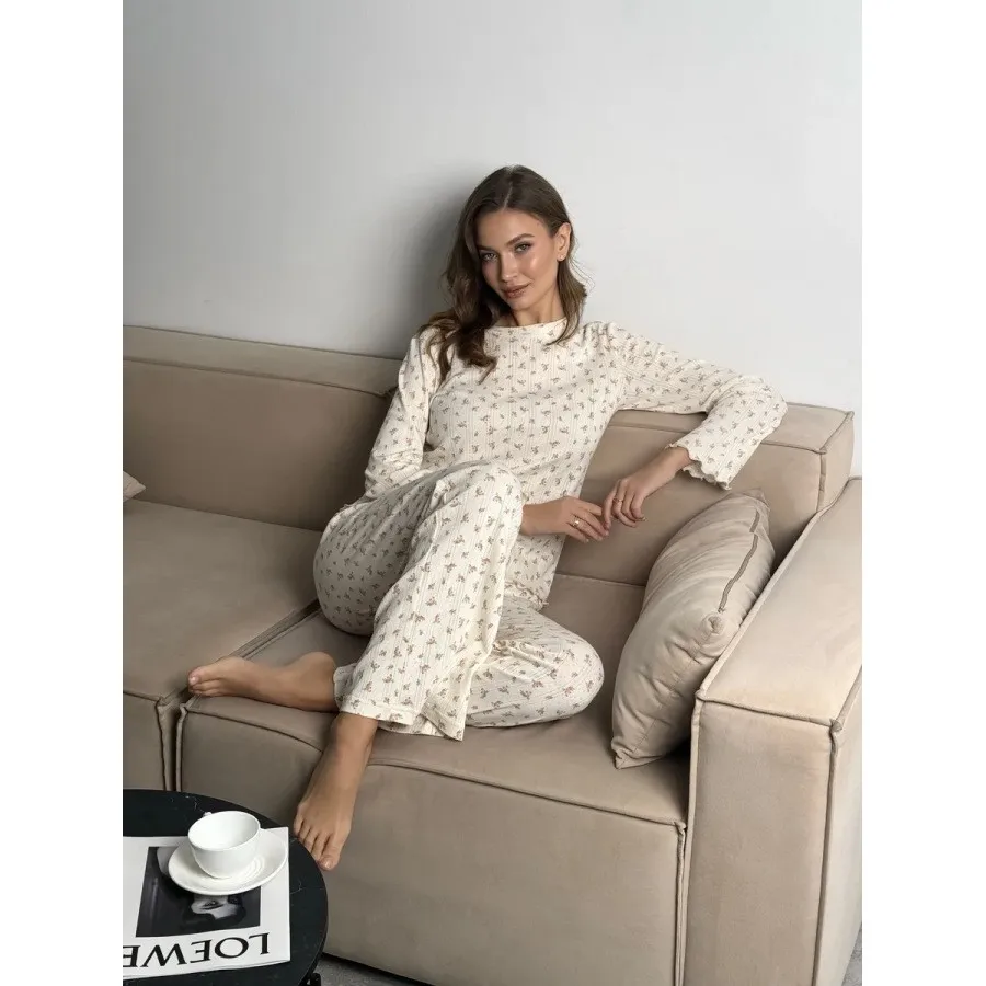 Summer Women Pajama Set Floral Print Round Neck Top Wide Leg Pants Two Piece Cream Base Pastel Floral Relaxed Fit Home Wear view 5
