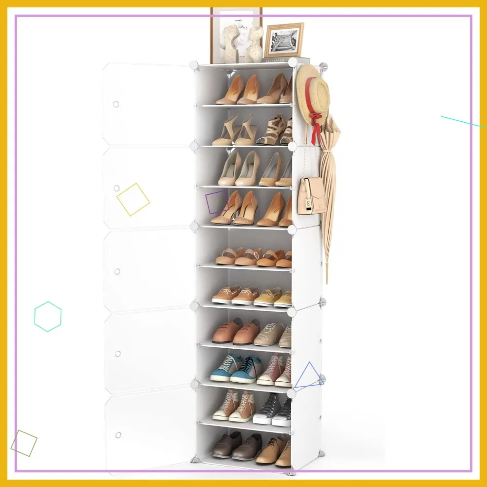 

10-Tier Tall Shoe Rack with Door, 20-Pair Storage Cabinet, Narrow Organizer for Small Spaces