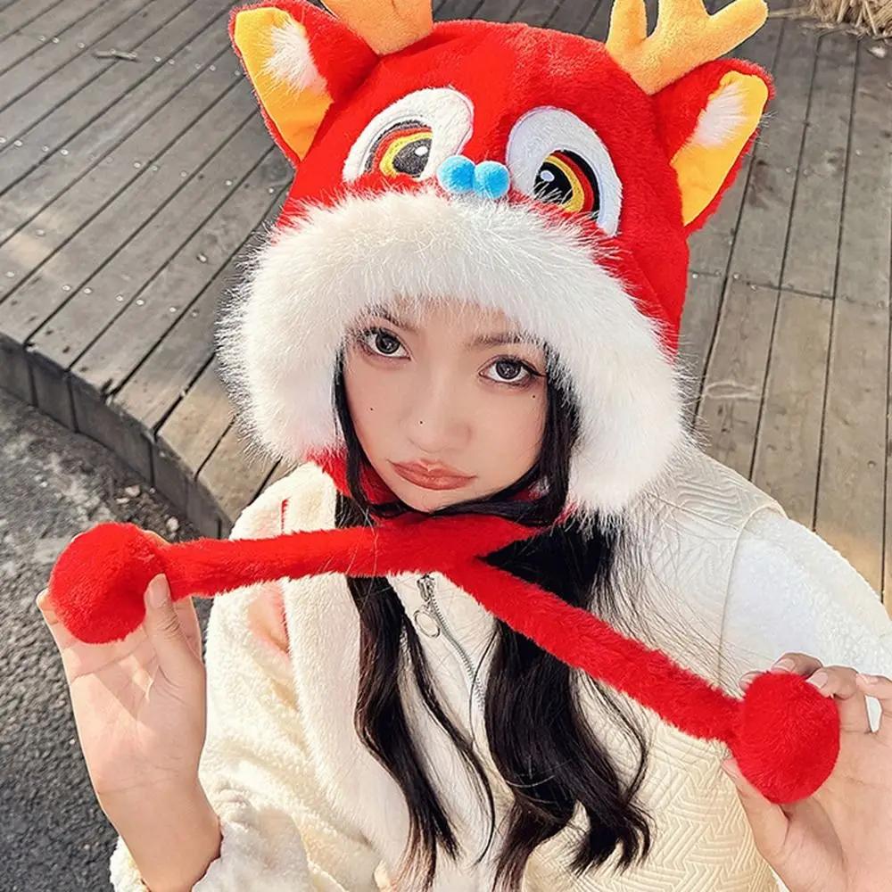 Kawaii Ear Muffs Lion Dance Beanies Hat Lace Up Tassels Winter Plush Warm Hat Cute Thickened Scarf Gloves Hat Female/Girls