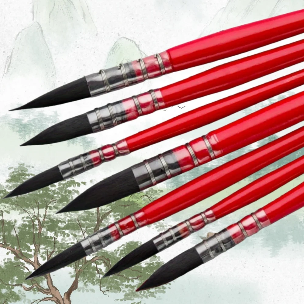 فرشاة ألوان مائية حمراء دهنية مصنوعة من شعر السنجاب لطلاء دائري خشبي مثالي - خط طرف - فرشاة رسم بالألوان المائية