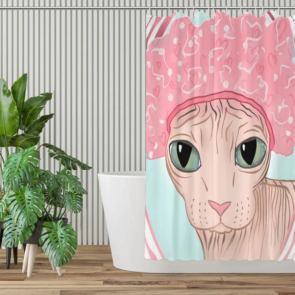 Hairless Sphynx Cat Wearing a Pink Shower Cap Shower Curtains  Waterproof Fabric Bathroom Decor with Hooks Home Accessories