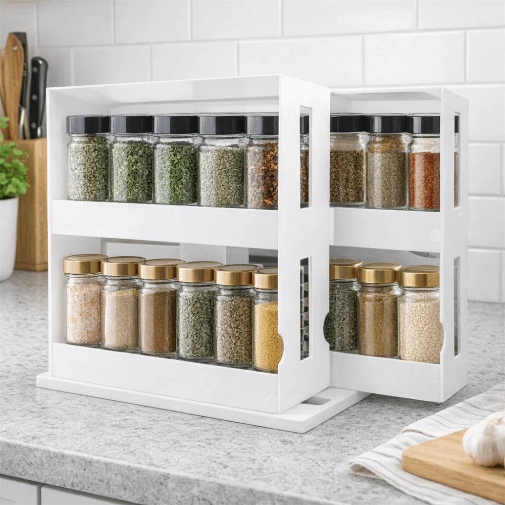 Plastic 2 Layer Spice Storage Rack Large Capacity 90-Degree Rotation Seasoning Swivel Storage Organizer White Space Saving