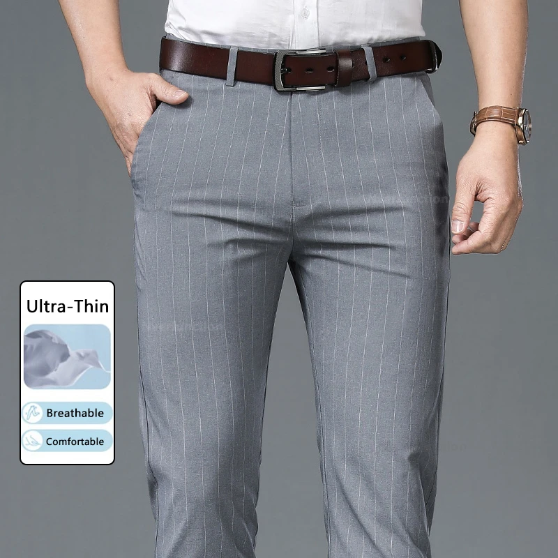 Pantalones a rayas a la moda para hombre, novedad de verano, pantalones de traje informales de negocios, Pantalones rectos de trabajo formales,