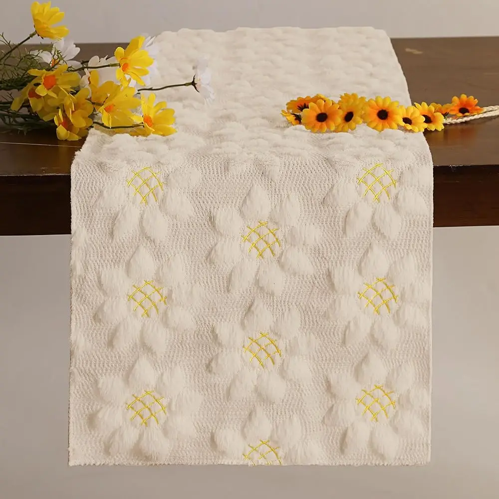 Spring Tbale Runner 13x36 Inch Soft Plush Faux Fur Jacquard White Sunflower Table Runner, Seasonal Kitchen Dining Table Summe