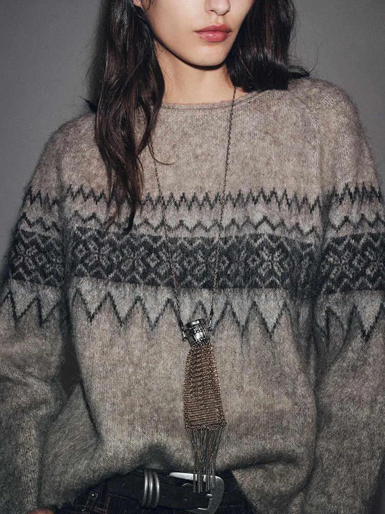 Inverno nova chegada camisola de malha feminina bordado cor adient solto ajuste longo sve redondo ne padrão geométrico