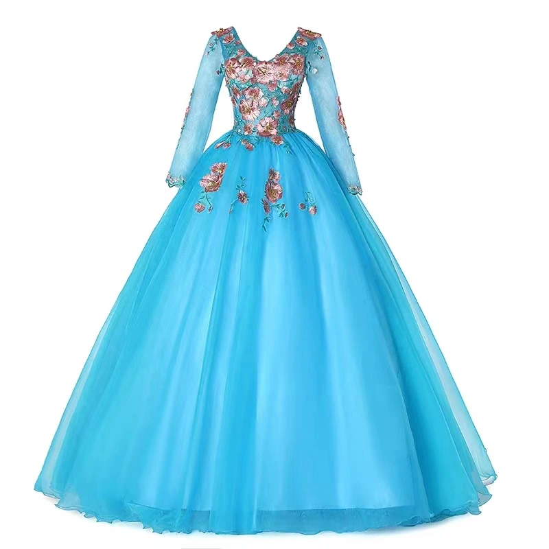 Vestidos Quinceanera Dresses 3D Flowers 2024 Robe De Bal Sheer Long Sleeve Ball Gown Vintage Quinceanera Dresses Plus Size