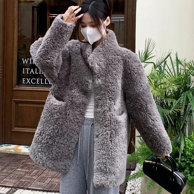 Vintage Bear Teddy Faux Fur Coat Women Plush Lamb Wool Thick Mid-length Jacket Female Pocket Coat Casual Fluffy Femme Jackets