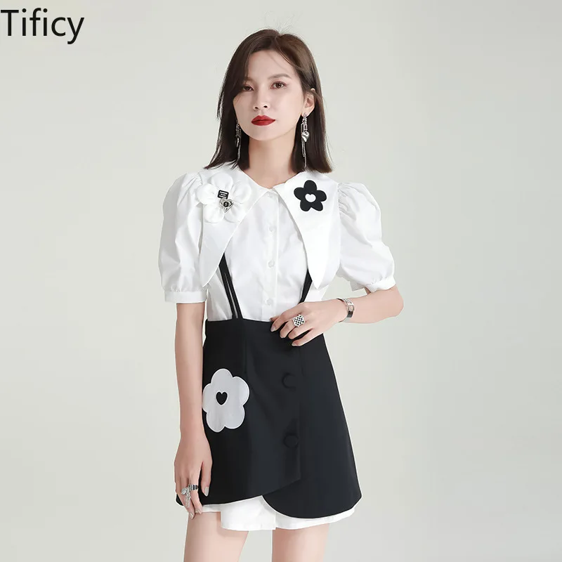 TIFICY 2024 Summer Womens Short Sleeve Small and Slim Design Flower White Shirt Tops