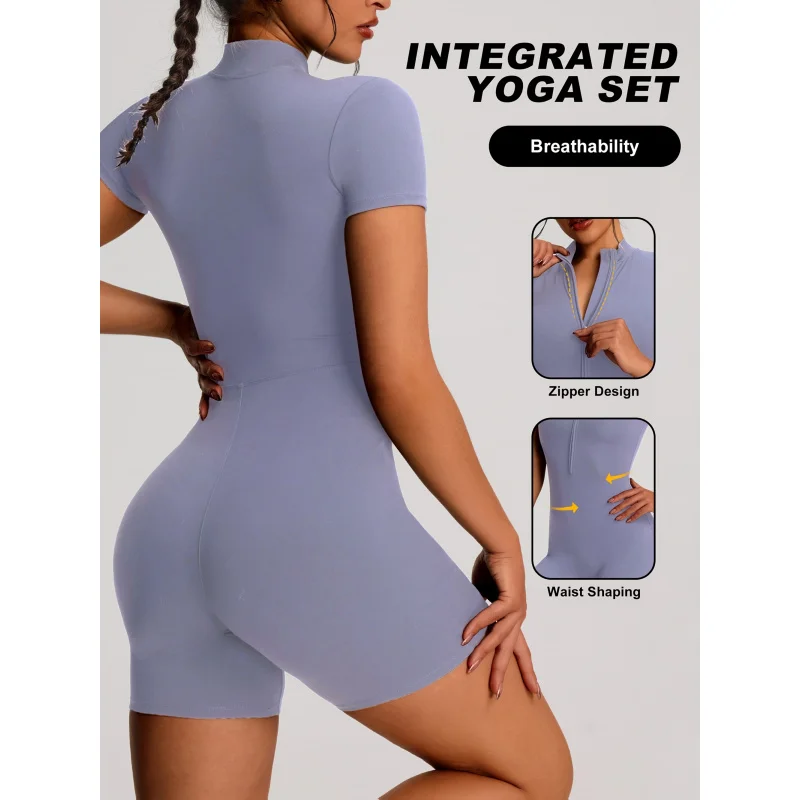 developed 1pc Solid Color Women's Sport Zip-up Stand-up Collar Casual Bodysuit Jumpsuit, Short Sleeves, Zipper Design view 2