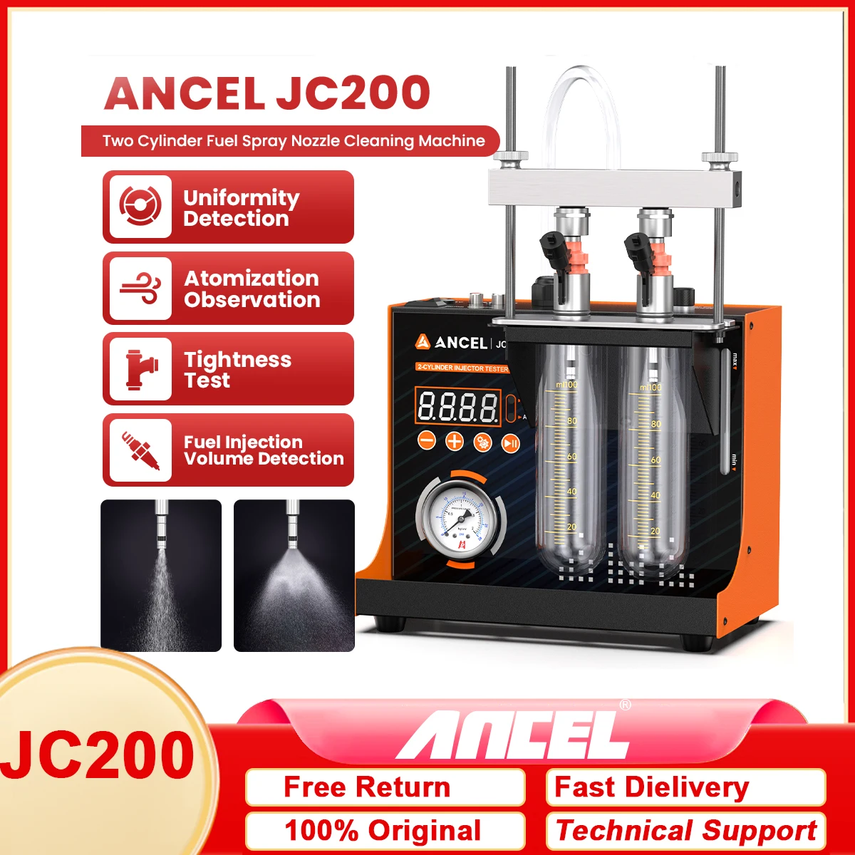 

ANCEL JC200 2-Cylinder Fuel Spray Nozzle Cleaning Machine Fuel Injector Tester Cleaner 12V Built-in Air Pump For Car Motorcycle