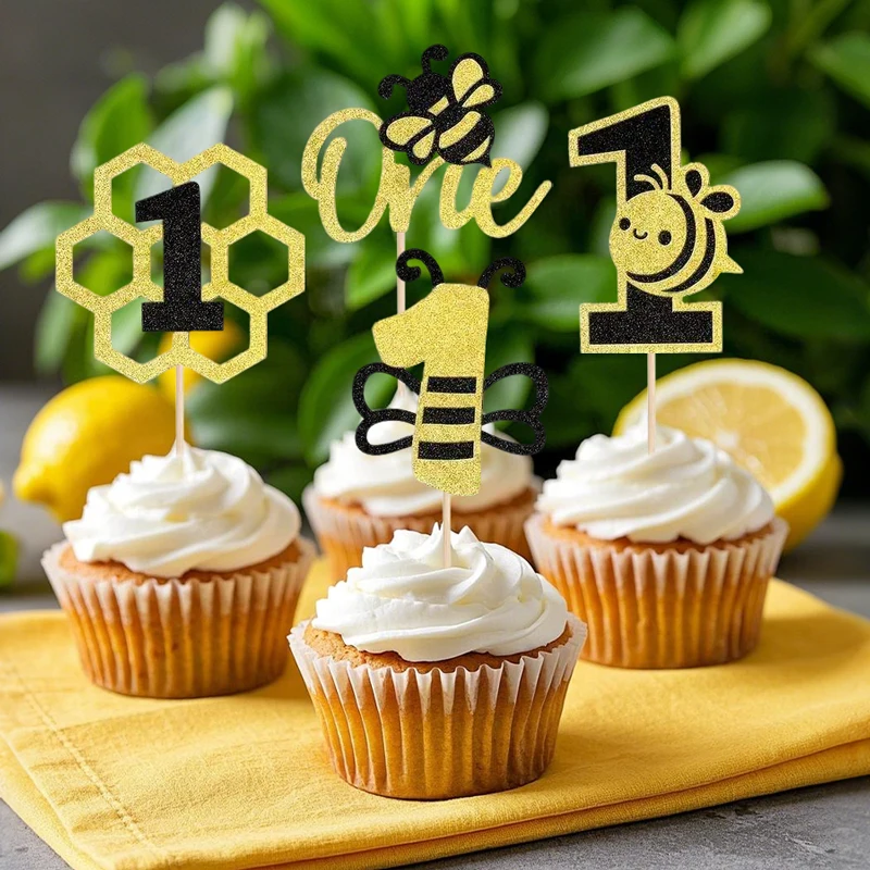 NUBECOM 24 Stück Biene-Thema-Kuchenaufsatz, glitzernde Cupcake-Aufsatz für den Weltbienen-Tag, Kuchendekoration, Baby-Dekoration zum ersten Geburtstag – Detail 9