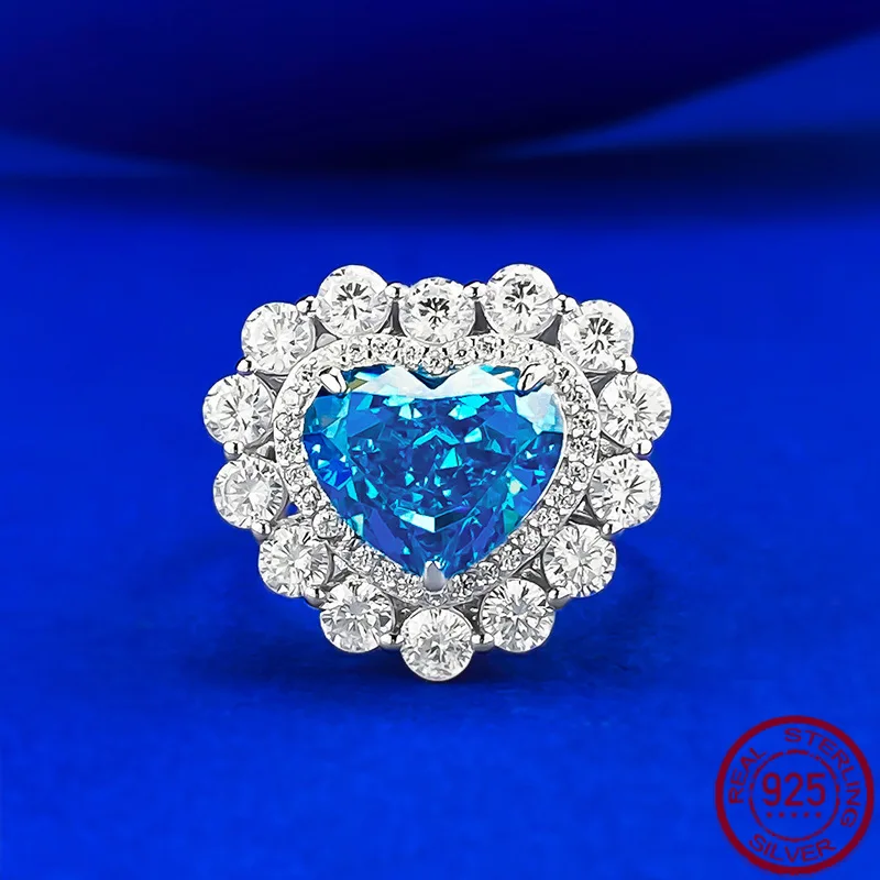 

Новое серебряное кольцо S925 с объемным бриллиантами 9*11, морское синее сокровище, толстое сердце, ледяной цветок, кольцо для богатых женских свадебных украшений