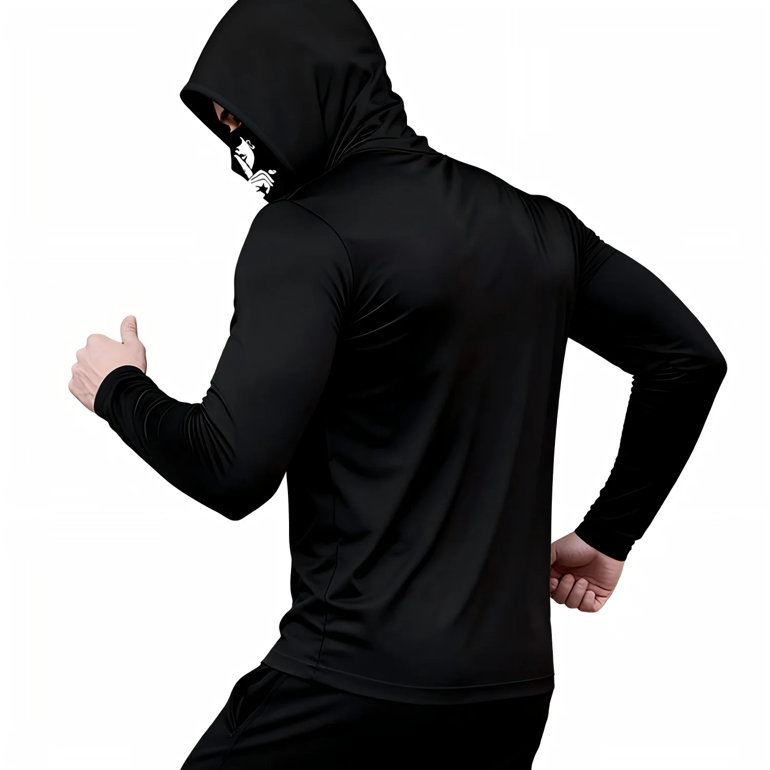 

Men's Quick Dry Gym Hoodie with Face Mask Long Sleeve Tight Black Fitness Top Shh Print Athletic Training Shirt for Workout