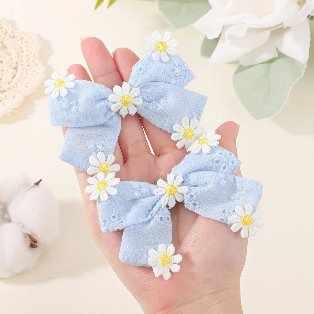 Juego de 2 Piezas de Pinzas para el Cabello con Flores Amarillas Bordadas para Niñas, Lazos de Algodón para Niñas, Pasadores, Accesorios para el Cabello