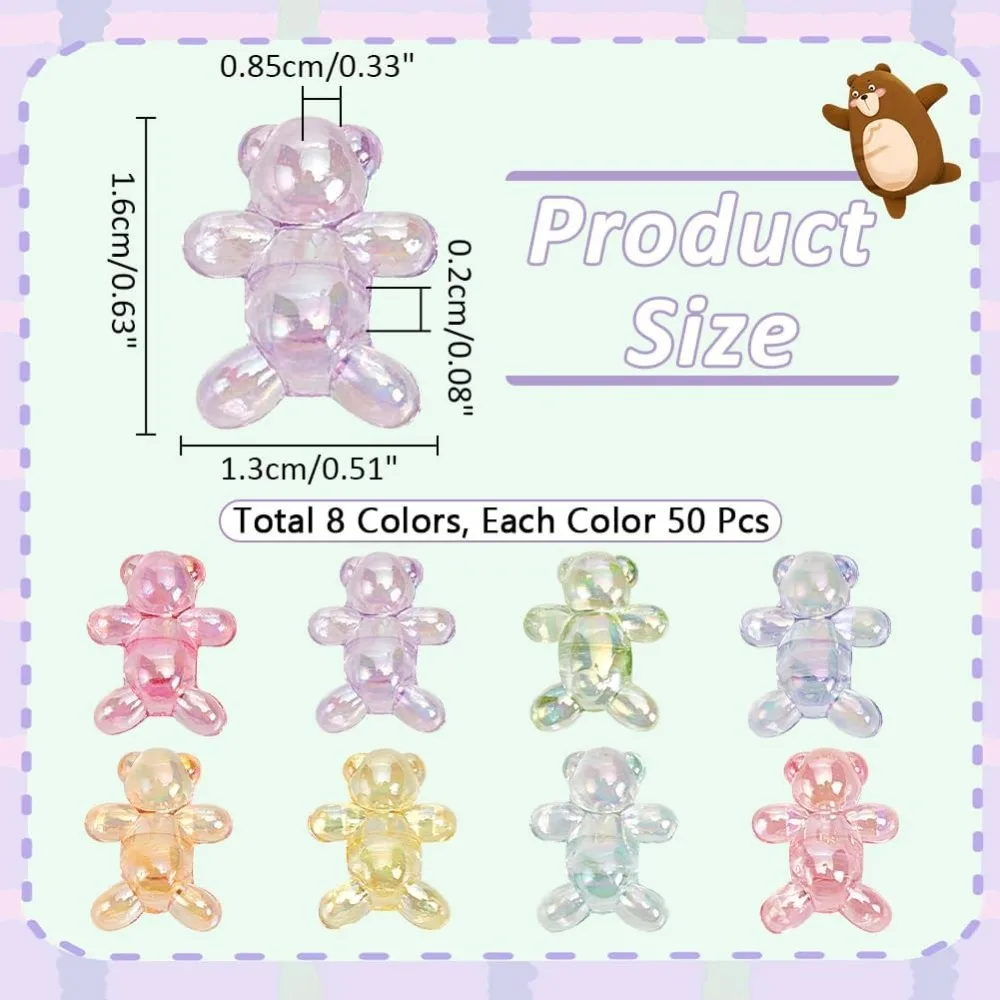 About 400 Pcs 8 Colors Transparent Acrylic Beads 0.63x0.51x0.33 Inch Bear Spacer Beads 0.08 Inch Hole Cute Teddy Bear Beads