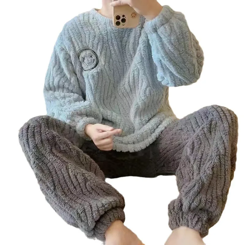 Fashion Deisgn Men Flannel Pajamas Suit Autumn Winter Thick Warm Round Neck Pullover Homewear Soft Coral Fleece Loungewear Male