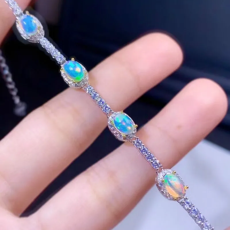 Real Natural Black Opal Simple Bracelet 925 Sterling Silver Colorful Stone Bangle for Women Fine Wedding Jewelry