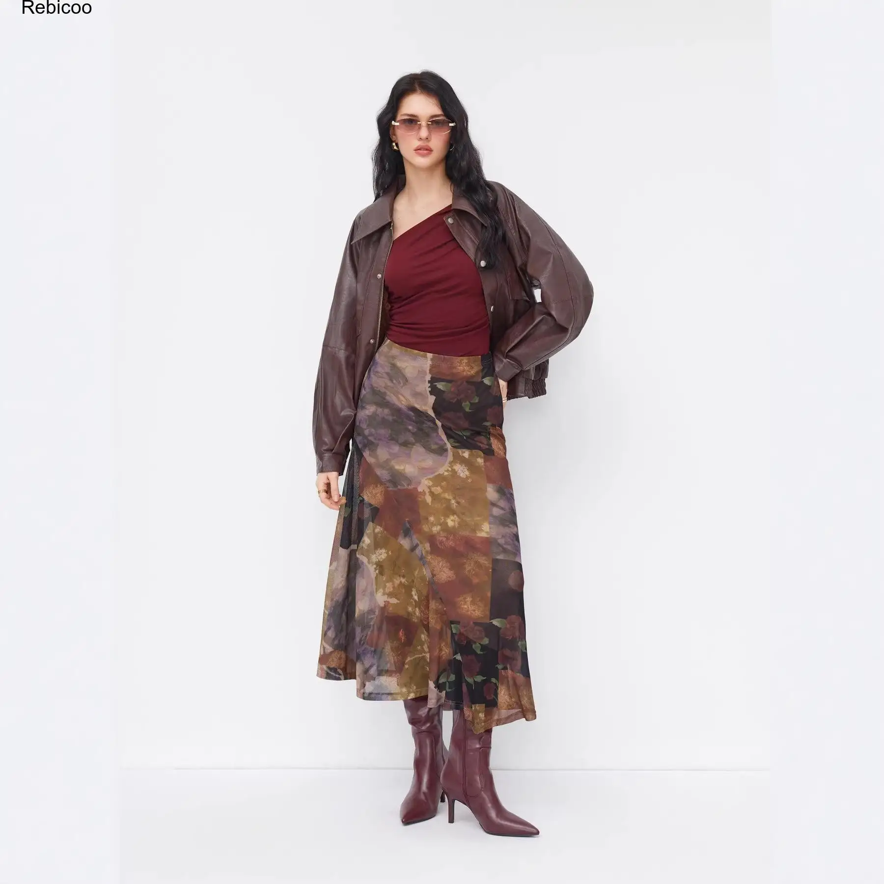 Women's Vintage Floral Print Midi Skirt, High Waist A-Line Pleated Long Skirt with Abstract Pattern for Autumn Winter Casual