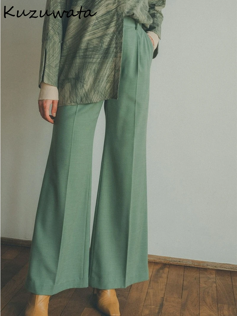 

Kuzuwata 2024 Summer Japanese Fashion Loose All Match Women Pantalon Lake Green Casual Trousers Temperament Thin Wide Leg Pants