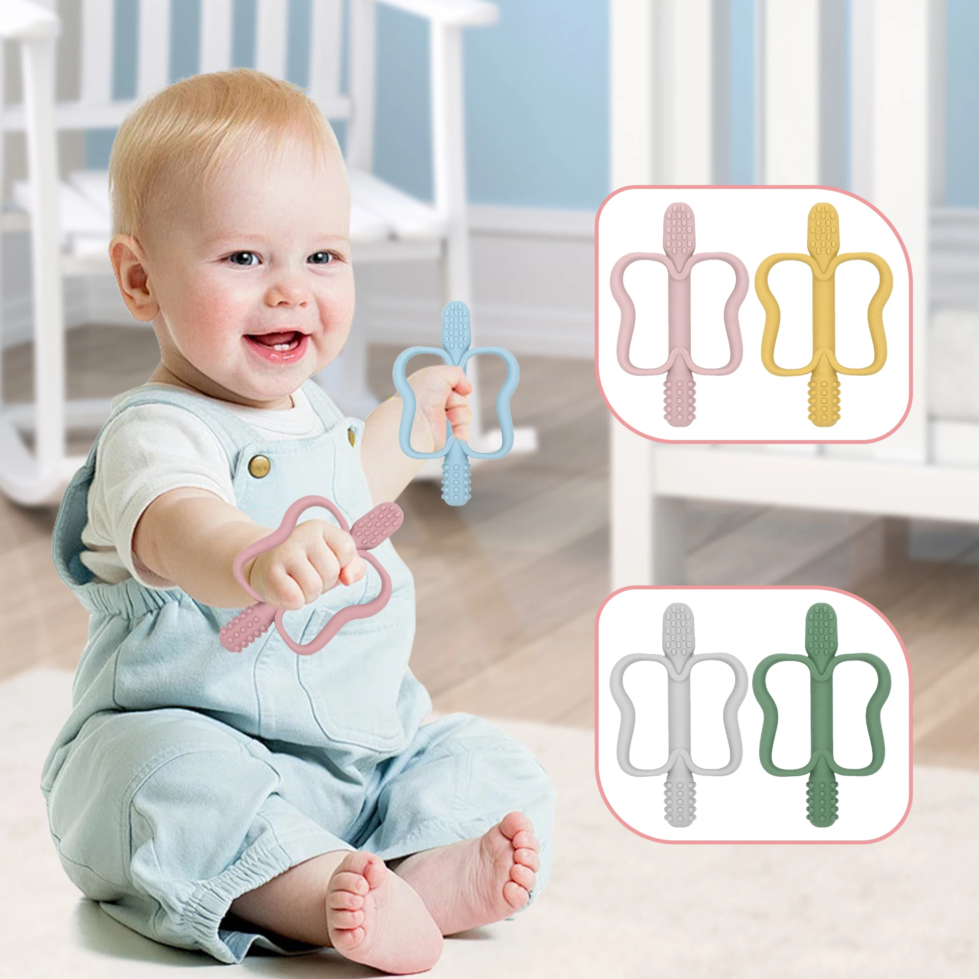 Juguete para la dentición con mango de fácil agarre, cepillo de dientes de silicona para bebé, fácil de limpiar, superficie texturizada de doble cara ayuda en masaje.