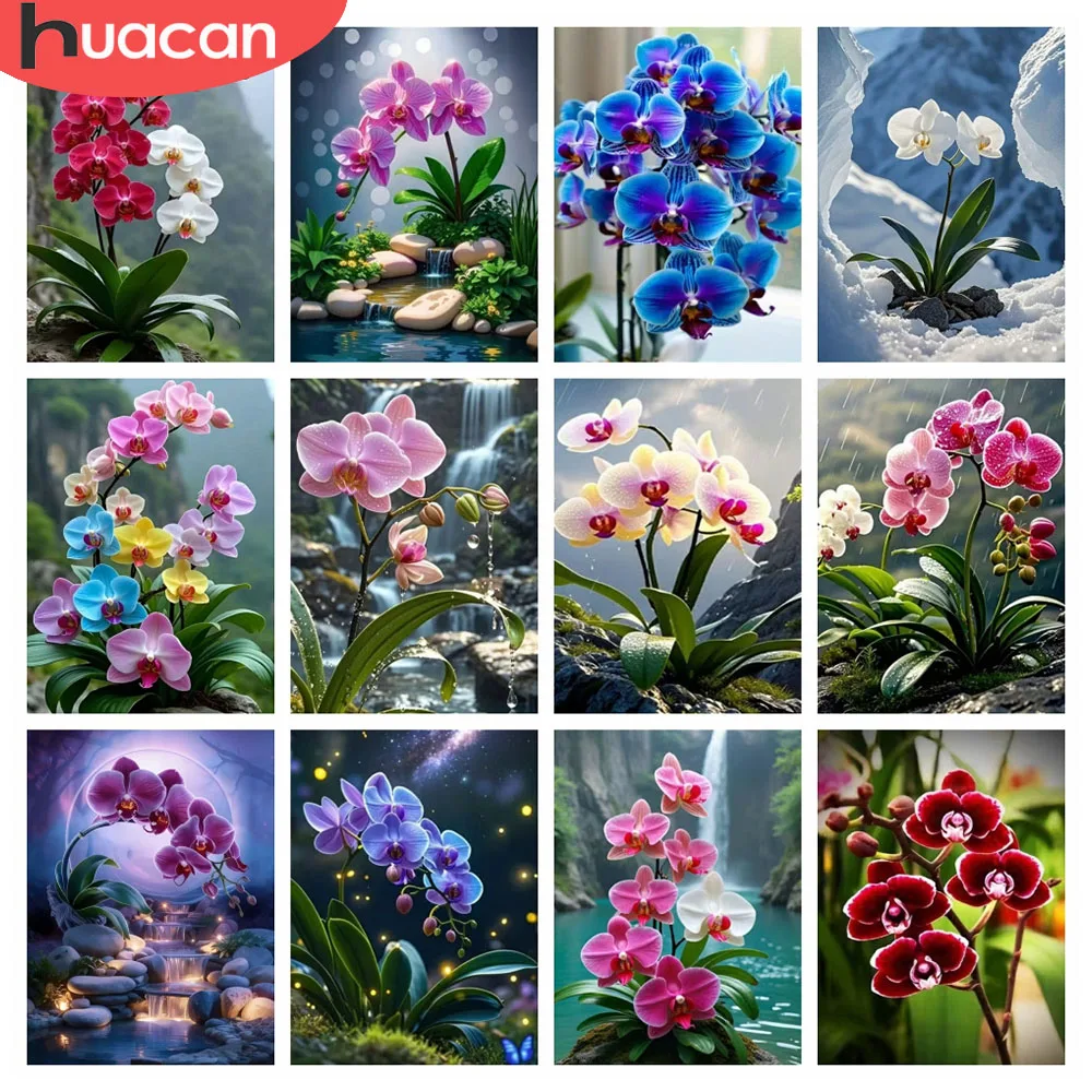 HUACAN Diamant-Mosaik, Orchidee, Blume, Landschaftsmalerei, voller Diamanten, Kunst, Naturlandschaft, Bild von Strasssteinen